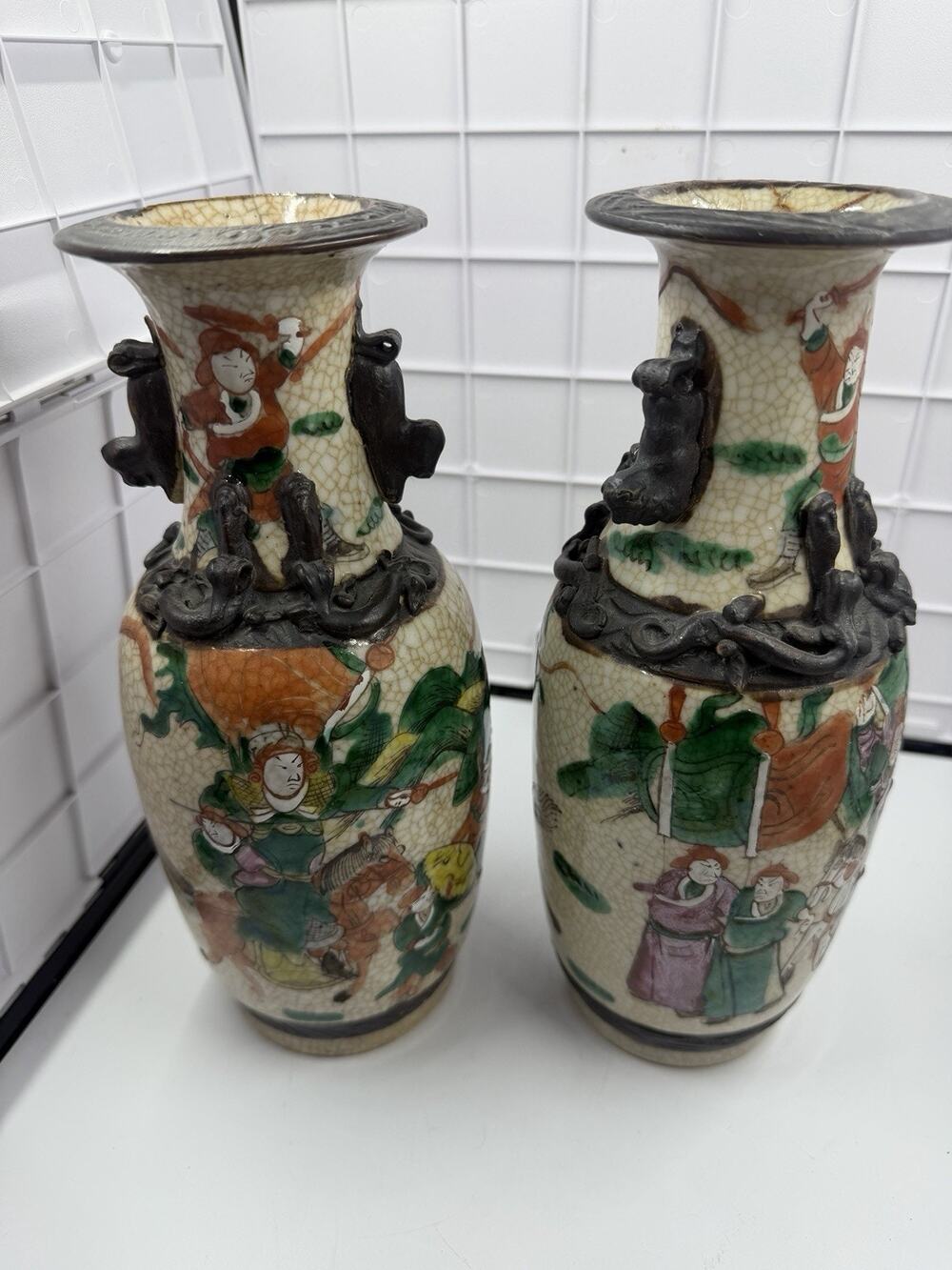 Pair Antique Chinese Famille Verte Vases, Texture Figures Faux Bronze Decoration
